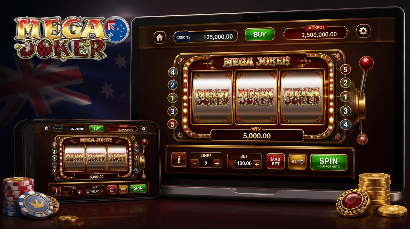  Pokie machine labelled “Mega Joker” with AUD virtual credits and Australian flag elements 