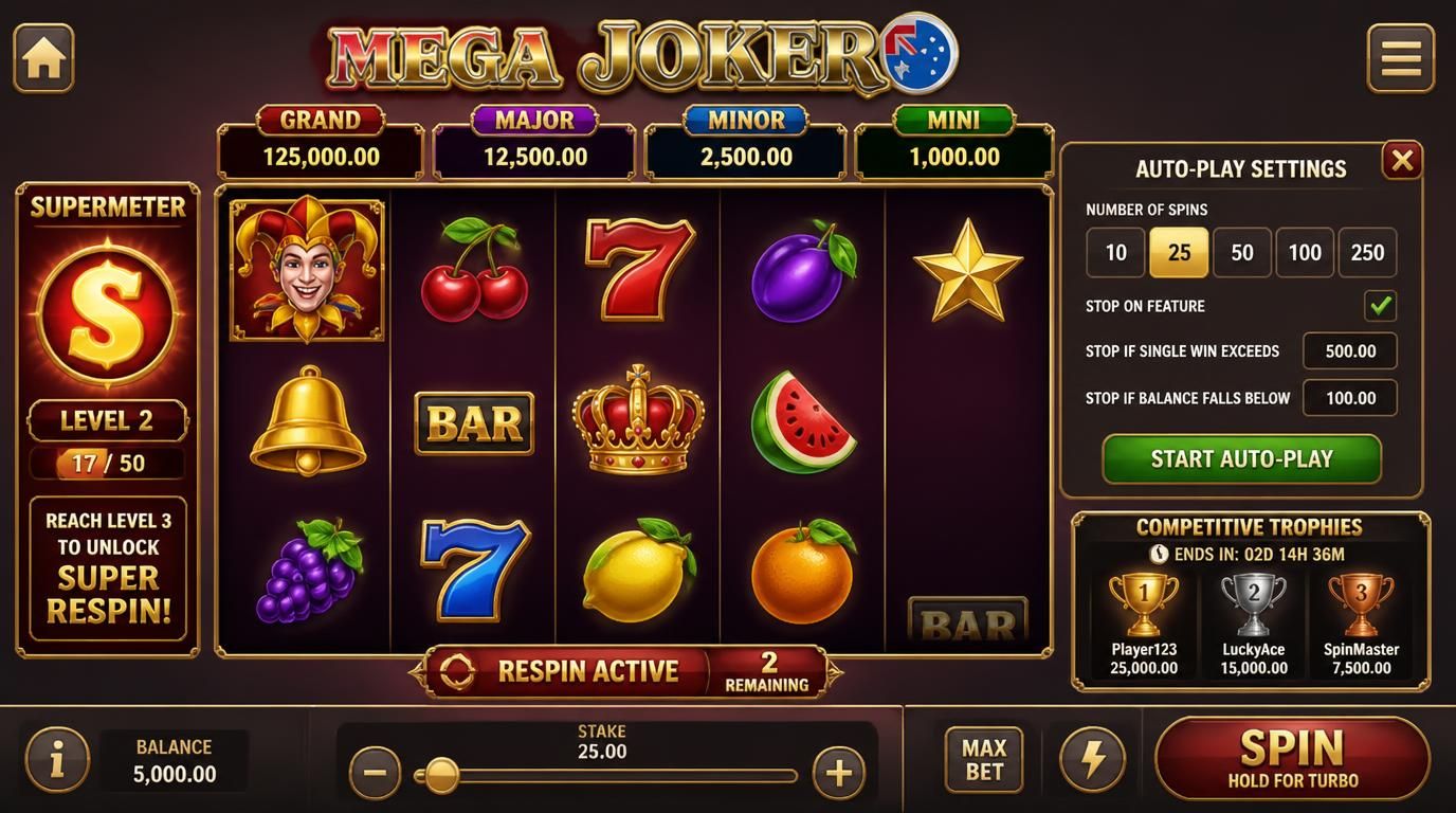  Feature icons for autoplay, high stakes, Supermeter, respins and competition trophies 