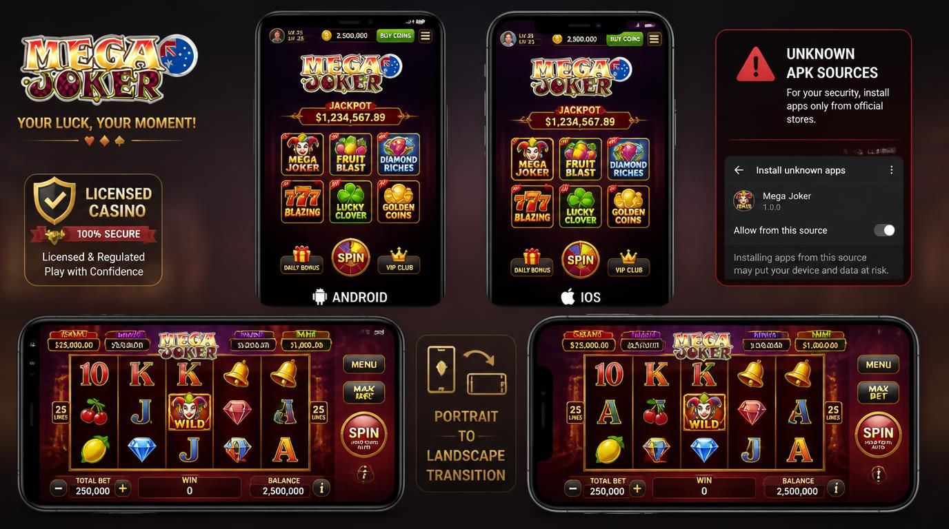 Android and iOS phones displaying Mega Joker slot, licensed badge, APK warning.